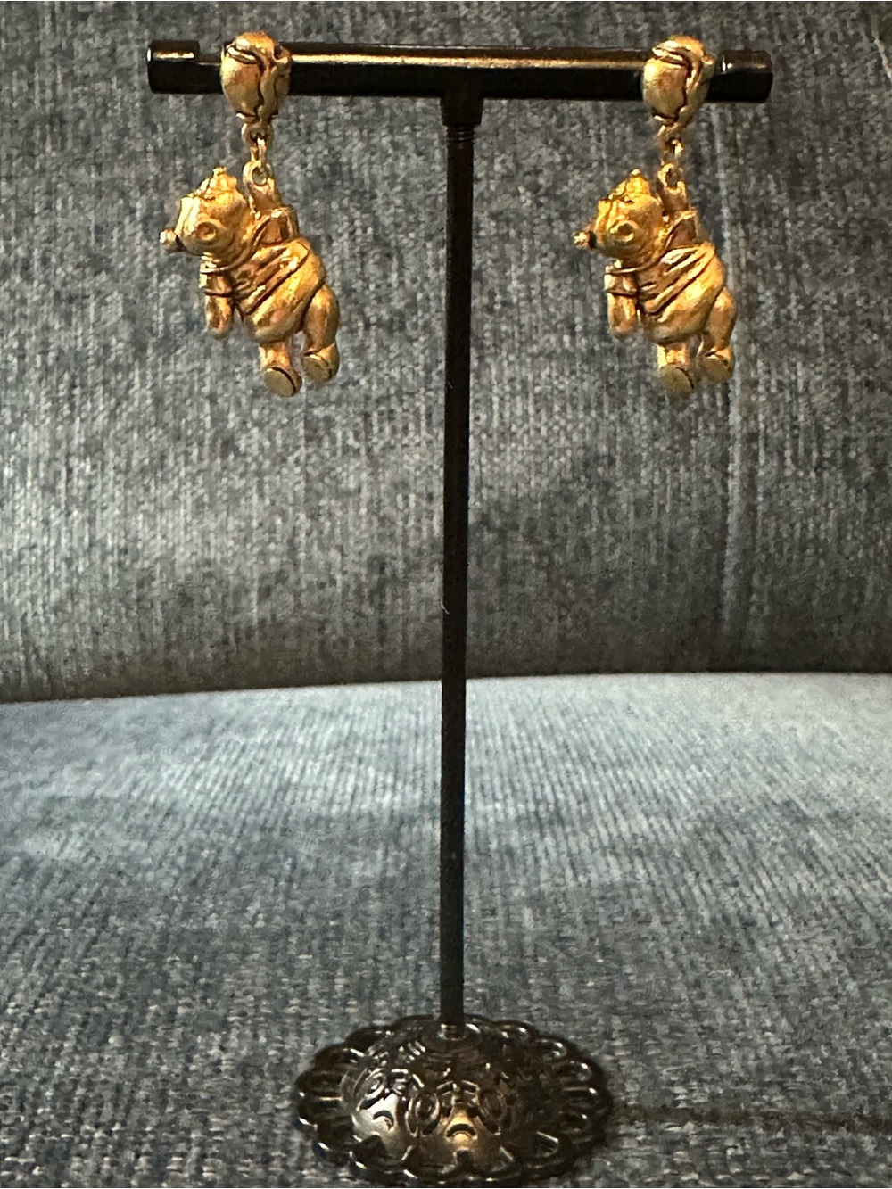 Winnie the Pooh Hanging from Honey Pot Gold Tone Earrings
